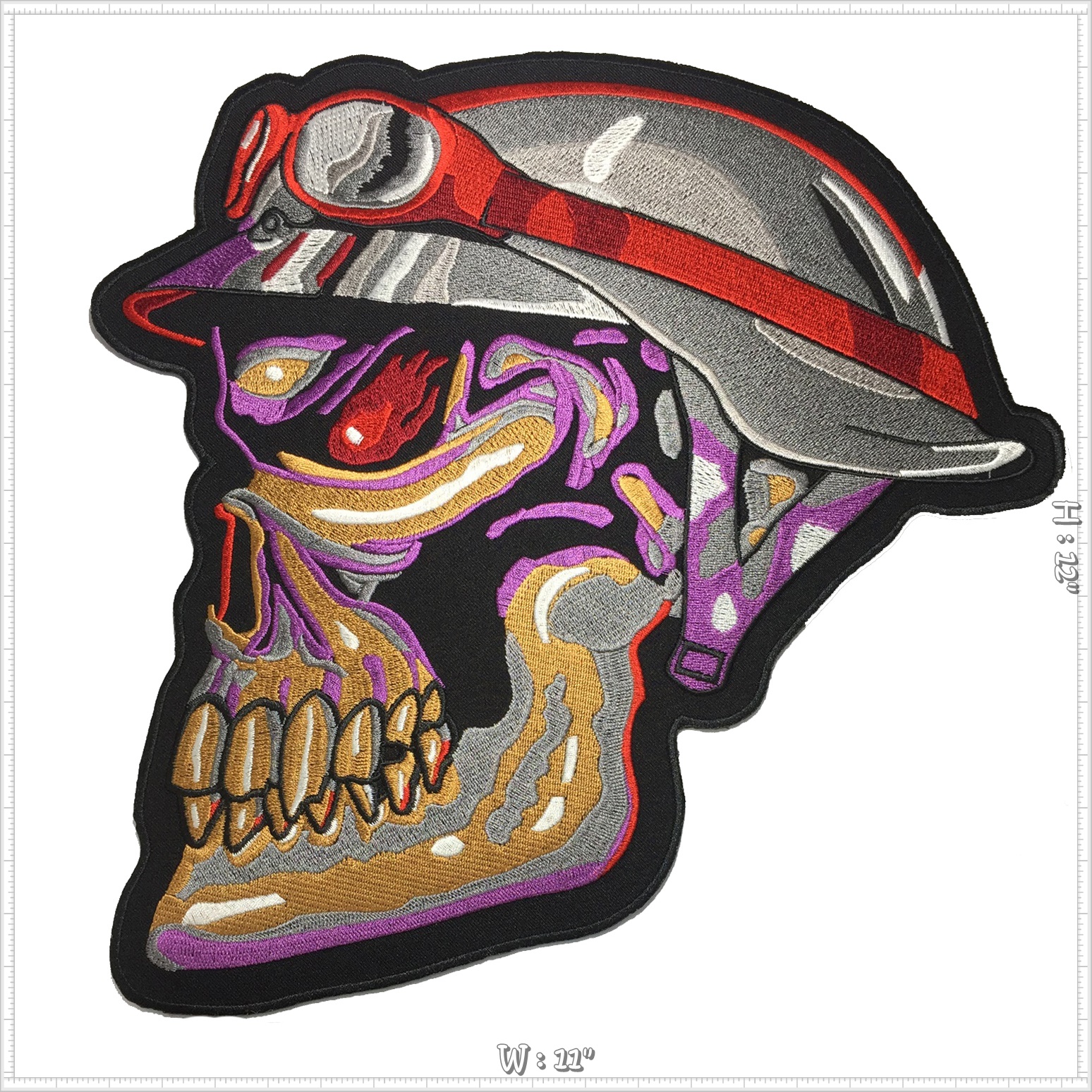 กะโหลกนักซิ่ง ตัวรีดติดเสื้อ อาร์มรีด อาร์มปัก ตกแต่งเสื้อผ้า หมวก กระเป๋า แจ๊คเก็ตยีนส์ Embroidered Iron on Patch ไซส์ใหญ่