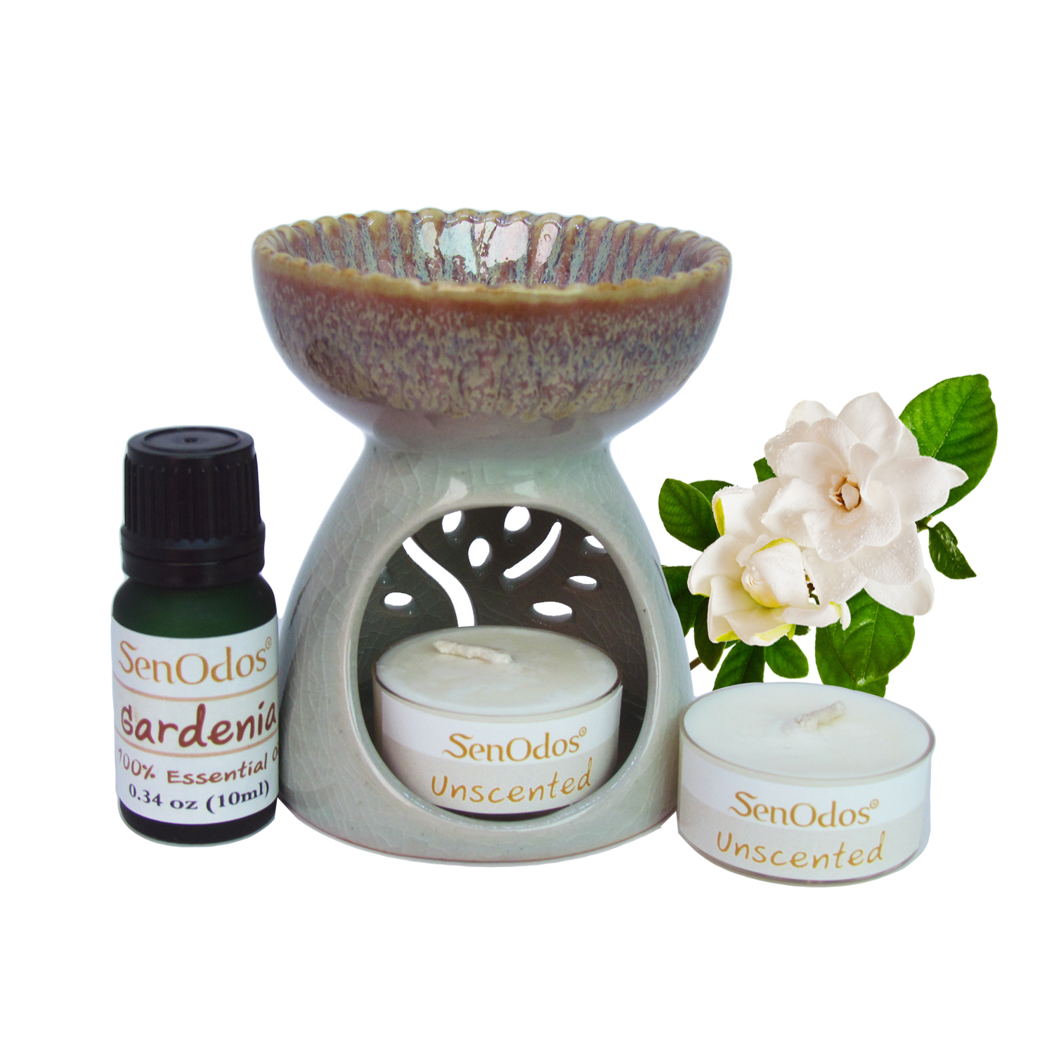 ชุดเซ็ตน้ำมันพร้อมเตาเผา กลิ่นการ์ดิเนีย (พุดซ้อน) Gardenia Essential Oil 10ml + เตาเผาน้ำมันหอมระเหย เซรามิค เครื่องปั้นดินเผา เนื้อศิลาดล สีเขียวหยก ลวดลายใบมะกอก และลายน้ำไหลหลากสีสวยงาม (แถมฟรี!! เทียนไขถั่วเหลืองบริสุทธิ์ 15 g. X 2 ชิ้น ราคา 1