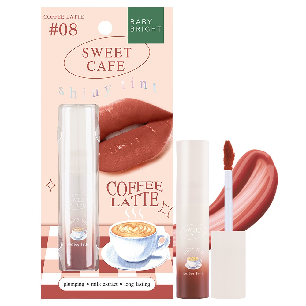 Baby Bright Sweet Cafe Shiny Tint #08 COFFEE LATTE 2.8g เบบี้ไบร์ท สวีทคาเฟ่ไชน์นี่ทินท์ 2.8g. ลิปทินท์เนื้อเจล ติ้นทาปาก สีชัด บางเบาไม่ตกร่อง สี 08 คอฟฟี่ลาเต้