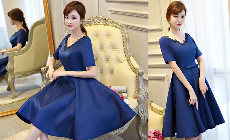 ชุดเดรสออกงานสีน้ำเงิน ดีไซน์คอวี แขนสั้น แต่งรอบคอเสื้อด้วยผ้าถักโครเชต์ลายใบไม้ ส่งฟรี ems