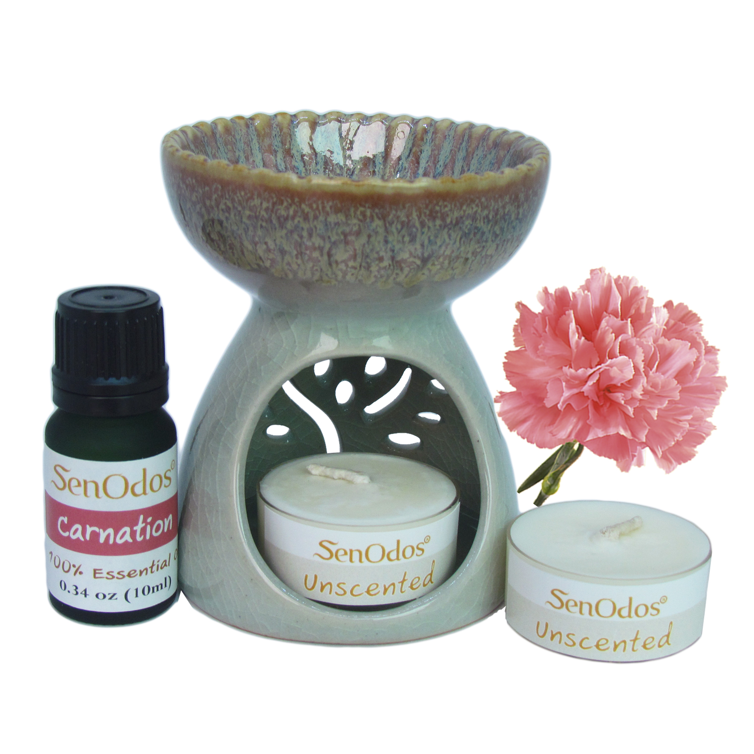 ชุดเซ็ตน้ำมันพร้อมเตาเผา กลิ่นคาร์เนชั่น Carnation Essential Oil 10ml+ เตาเผาน้ำมันหอมระเหย เซรามิค เครื่องปั้นดินเผา เนื้อศิลาดล สีเขียวหยก ลวดลายใบมะกอก และลายน้ำไหลหลากสีสวยงาม (แถมฟรี!! เทียนไขถั่วเหลืองบริสุทธิ์ 15 g. X 2 ชิ้น ราคา 120 บาท)