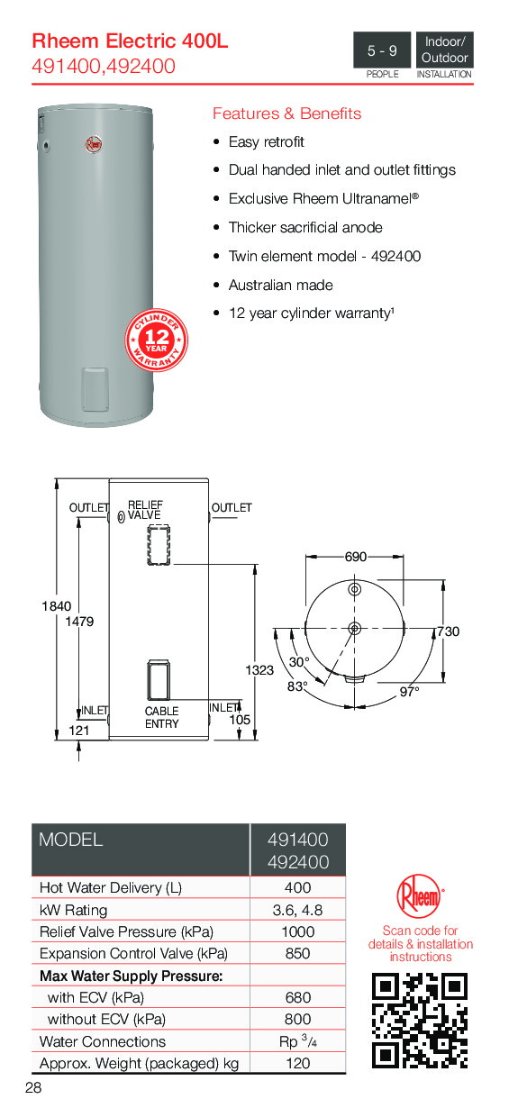 เครื่องทำน้ำร้อนแบบต้มน้ำร้อน RHEEM รุ่น 492400 มี 2 ฮีตเตอร์