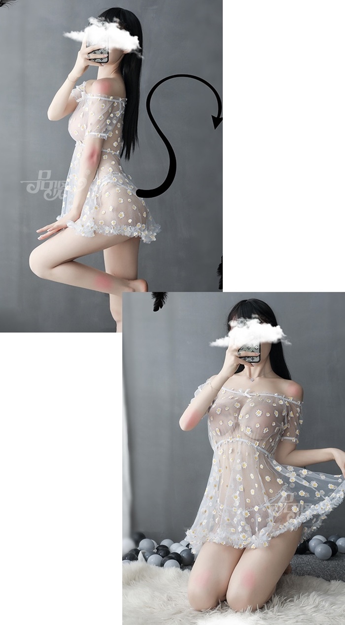 N824 ชุดนอนเซ็กซี่ ชุดนอนอีโรติกเป็นผ้าซีทรูลายดอกเดซี่สวมใส่แบบชุดปาดไหล่ ตัวชุดจั้มเอวแต่งแขนตุ๊กตามาพร้อมกางเกงในซีทรูลายดอกเดซี่เข้าชุดตามรูปถ่ายสินค้าจริง