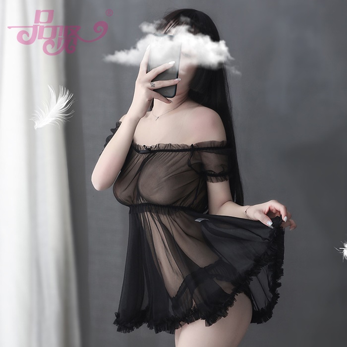 N822 ชุดนอนเซ็กซี่ ชุดนอนอีโรติกเป็นผ้าซีทรูสวมใส่แบบเสื้อปาดไหล่เอวจั้ม มาพร้อมกับกางเกงในซีทรูตามรูปถ่ายสินค้าจริงเลยค่ะ