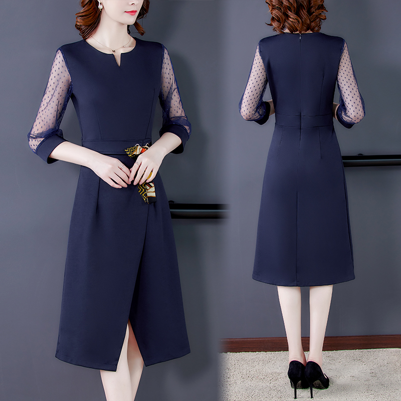 ชุดเดรสสีน้ำเงิน ผ้าคอตตอนผสม spandex เนื้อดี ทิ้งตัวสวย ส่งฟรี