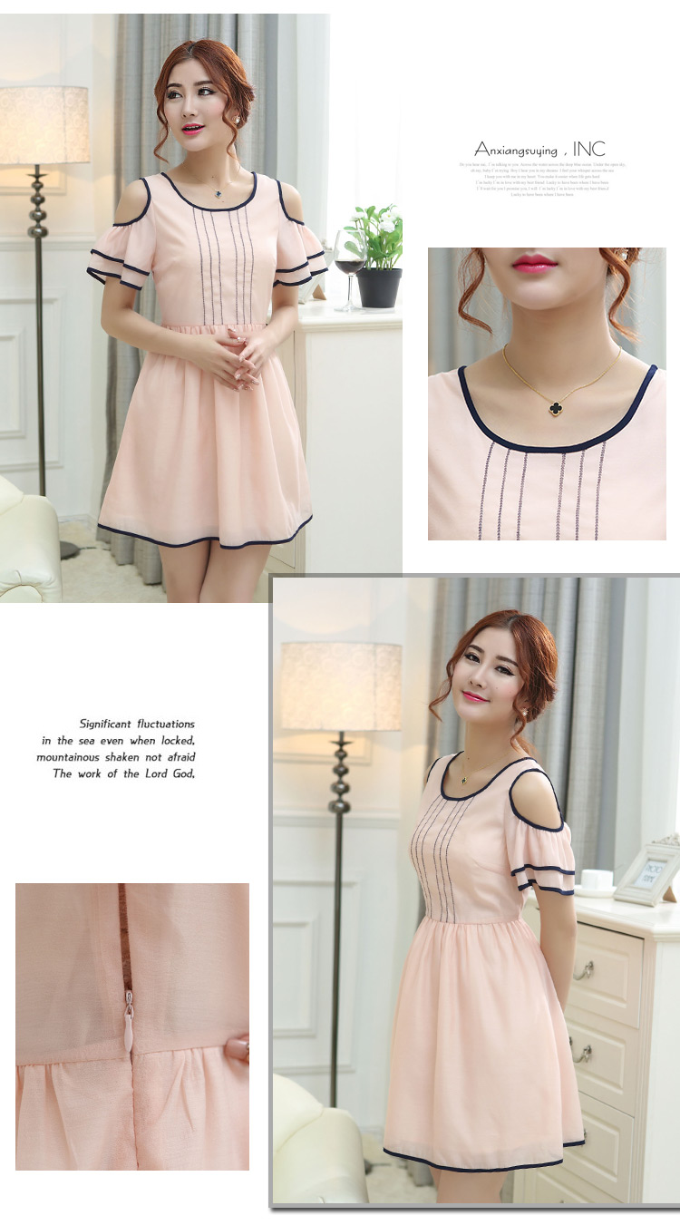 ชุดเดรสผ้าชีฟองสีชมพู ส่งฟรี ems