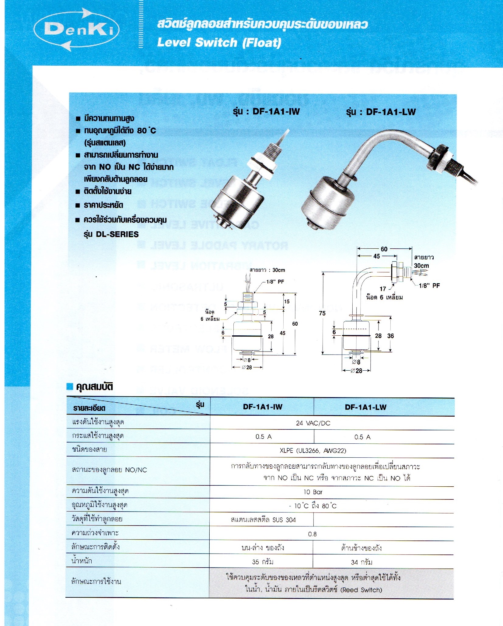 สวิตช์ลูกลอยสำหรับควบคุมระดับของเหลว,Level Switch (Float),Denki,DF-1A1-IW