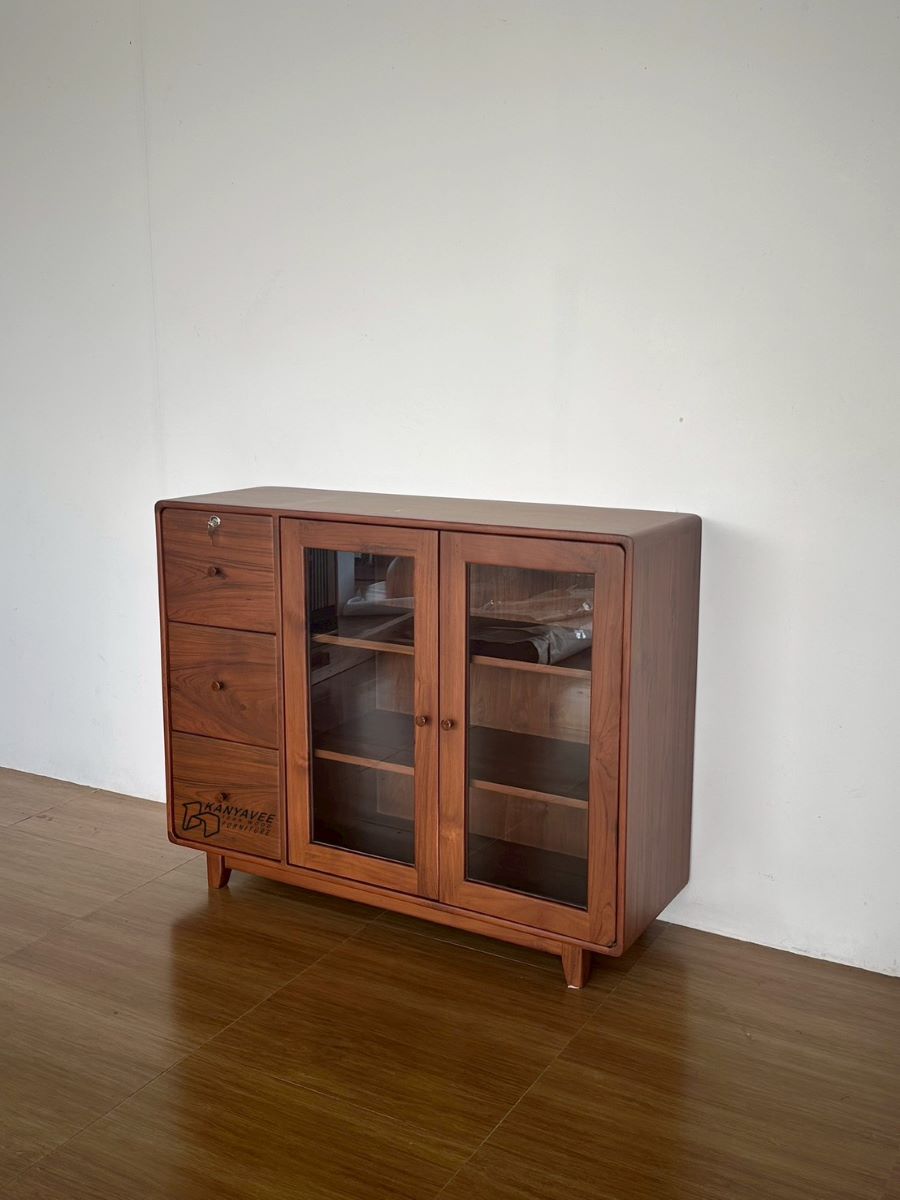ตู้โชว์เก็บของไม้สัก สีวอลนัท พร้อมที่ล็อค