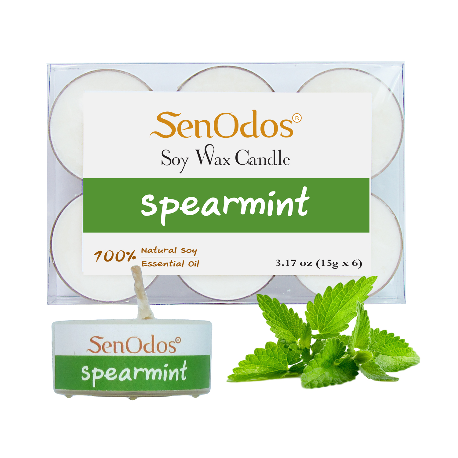 SenOdos เทียนหอม อโรม่า เทียนทีไลท์ Tealight Set Spearmint Soy Candles – กลิ่นสเปียร์มินต์ 15กรัม (6 pcs)