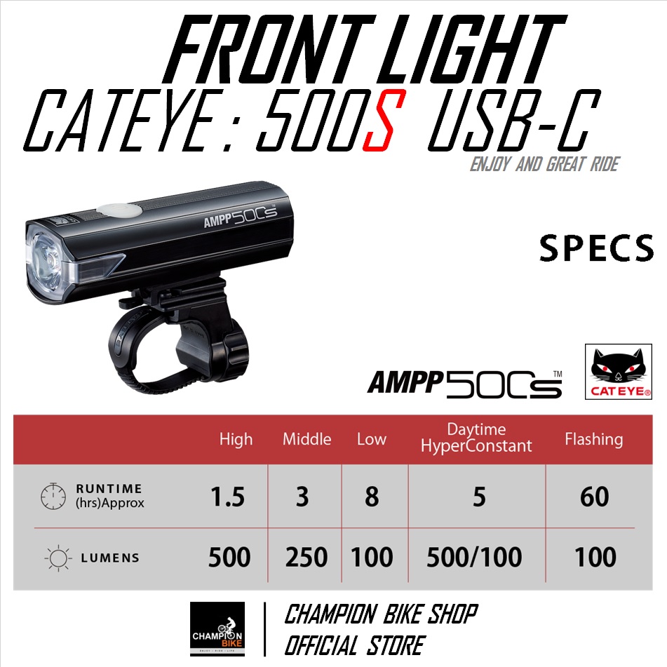 ไฟหน้าจักรยาน ชาร์ทUSB-C CATEYE : AMPP 500-S - BIKE FRONT LIGHT USB-C CHARGE 500 LUMENS