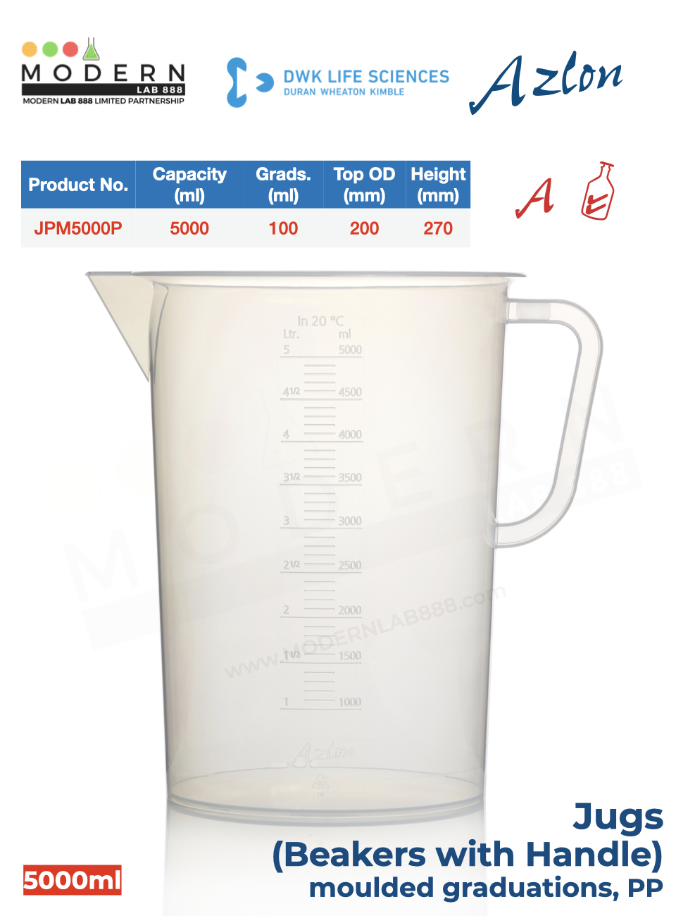 บีกเกอร์มีหูจับ พลาสติก PP แบบสเกลตัวนูน / Jug, moulded graduations, PP, "AZLON"