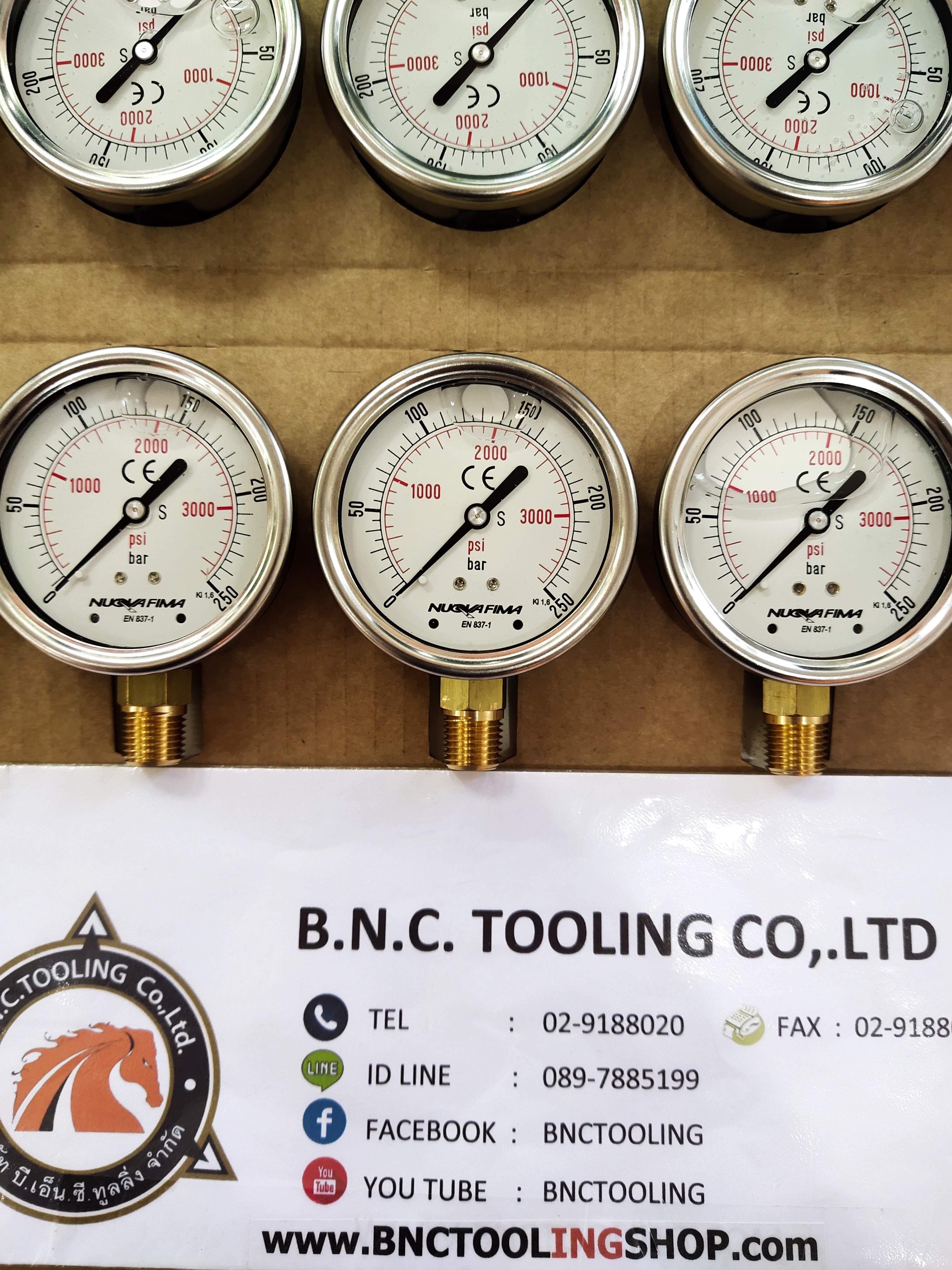 NUOVA FIMA - Pressure Gauge, ขนาดหน้าปัด 2.5 นิ้ว , เกลียวทองเหลืองลงล่าง , ขนาดความดัน 0 -250 PSI , ขนาดเกลียว 1/4 NPT , บรรจุน้ำมันกันกระแทก