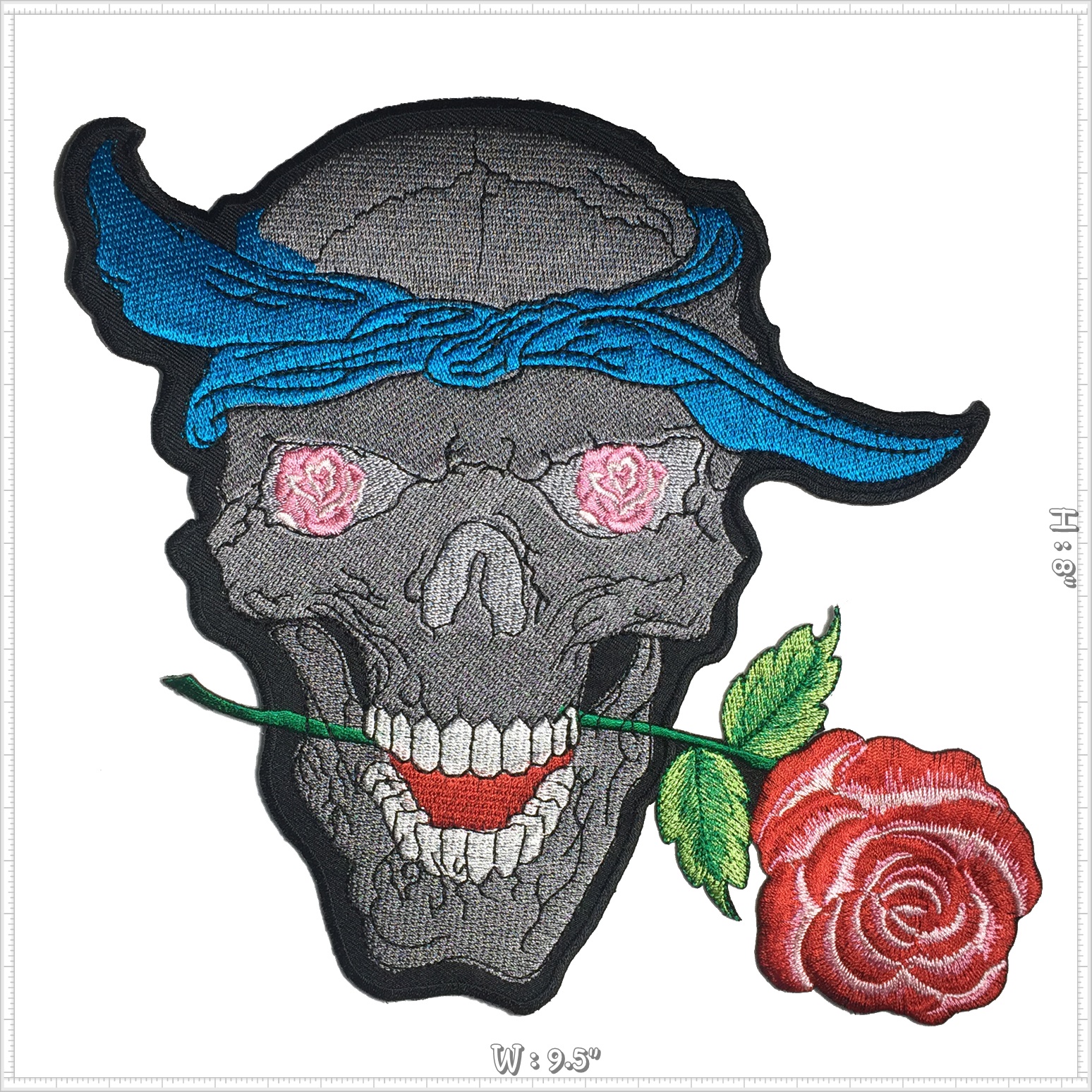 กะโหลกคาบกุหลาบ ตัวรีดติดเสื้อ อาร์มรีด อาร์มปัก ตกแต่งเสื้อผ้า หมวก กระเป๋า แจ๊คเก็ตยีนส์ Embroidered Iron on Patch ไซส์ใหญ่