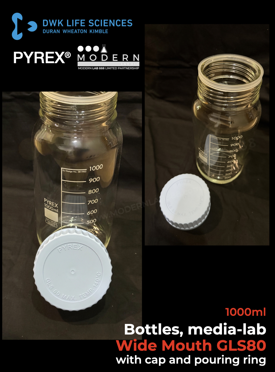 ขวดมีเดียปากกว้าง GLS80 / Bottles, media-lab, Wide Mouth with cap and pouring ring, PYREX