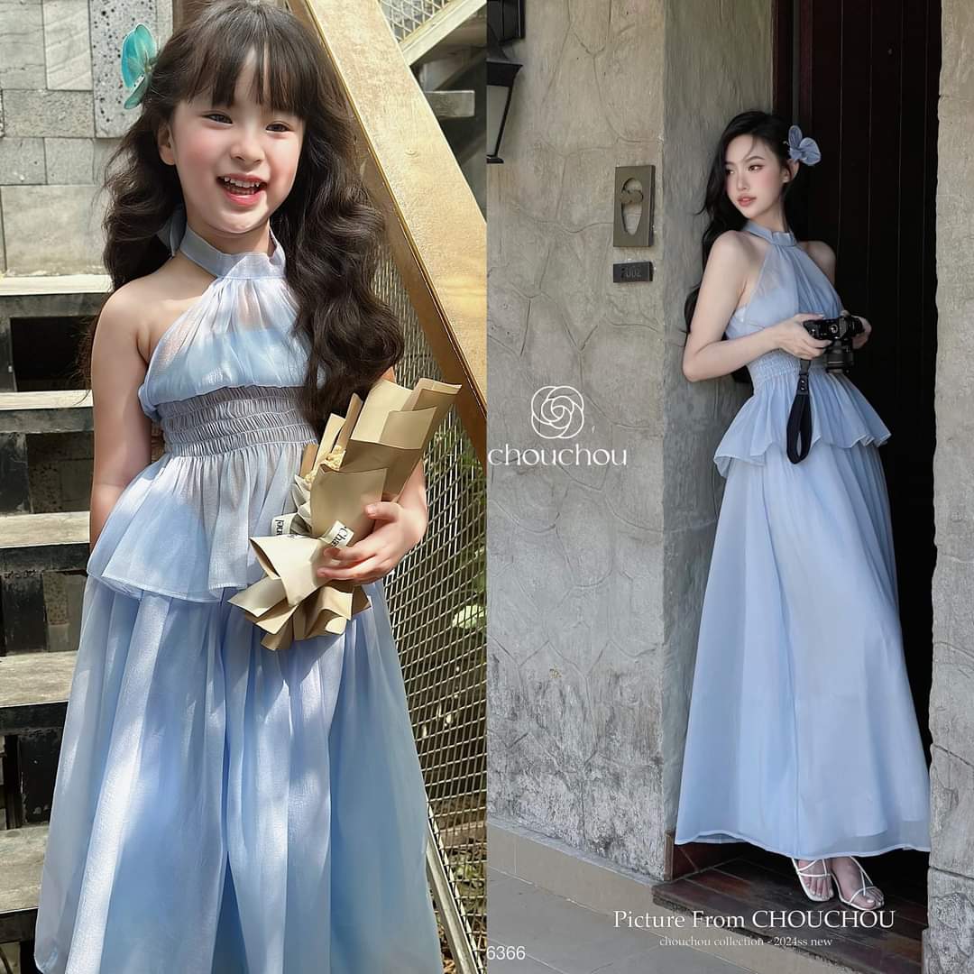 💜พร้อมส่ง💜ชุดเด็กผู้หญิง/JA106_เดรสยาวสีฟ้างานเลียนแบบคนโต