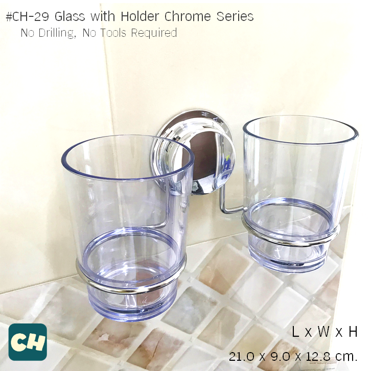 CH-29 แก้วคู่ พร้อมที่ยึด รุ่น Chrome Series ไม่ต้องเจาะผนัง