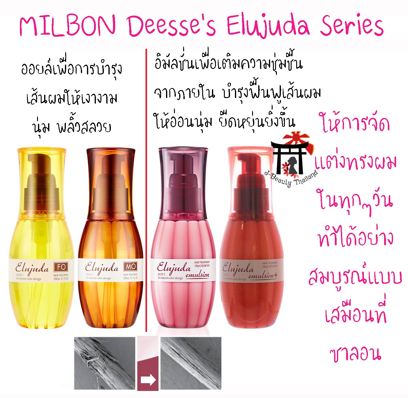 Milbon Deesse’s Elujuda Essence Series เซรั่มบำรุงเส้นผมชนิดไม่ต้องล้างออก เพื่อบำรุงและฟื้นฟูเส้นผม ให้การจัดแต่งทรงผมทำได้อย่างสมบูรณ์แบบเสมือนที่ซาลอน