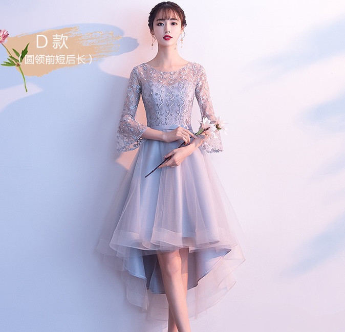เดรสออกงานสีเทาสุดสวย ดีไซน์แขนยาวห้าส่วน กระโปรงหน้าสั้นหลังยาว ส่งฟรี