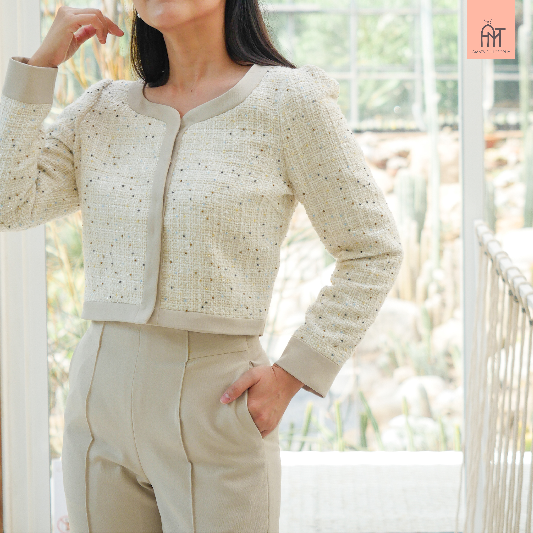 AMATA กางเกง MILAN สีครีม ชมพู