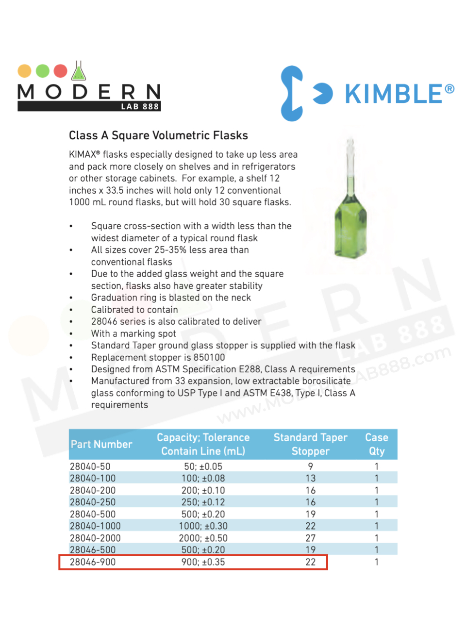 ขวดวัดปริมาตรทรงเหลี่ยม / Square Volumetric Flasks Class A