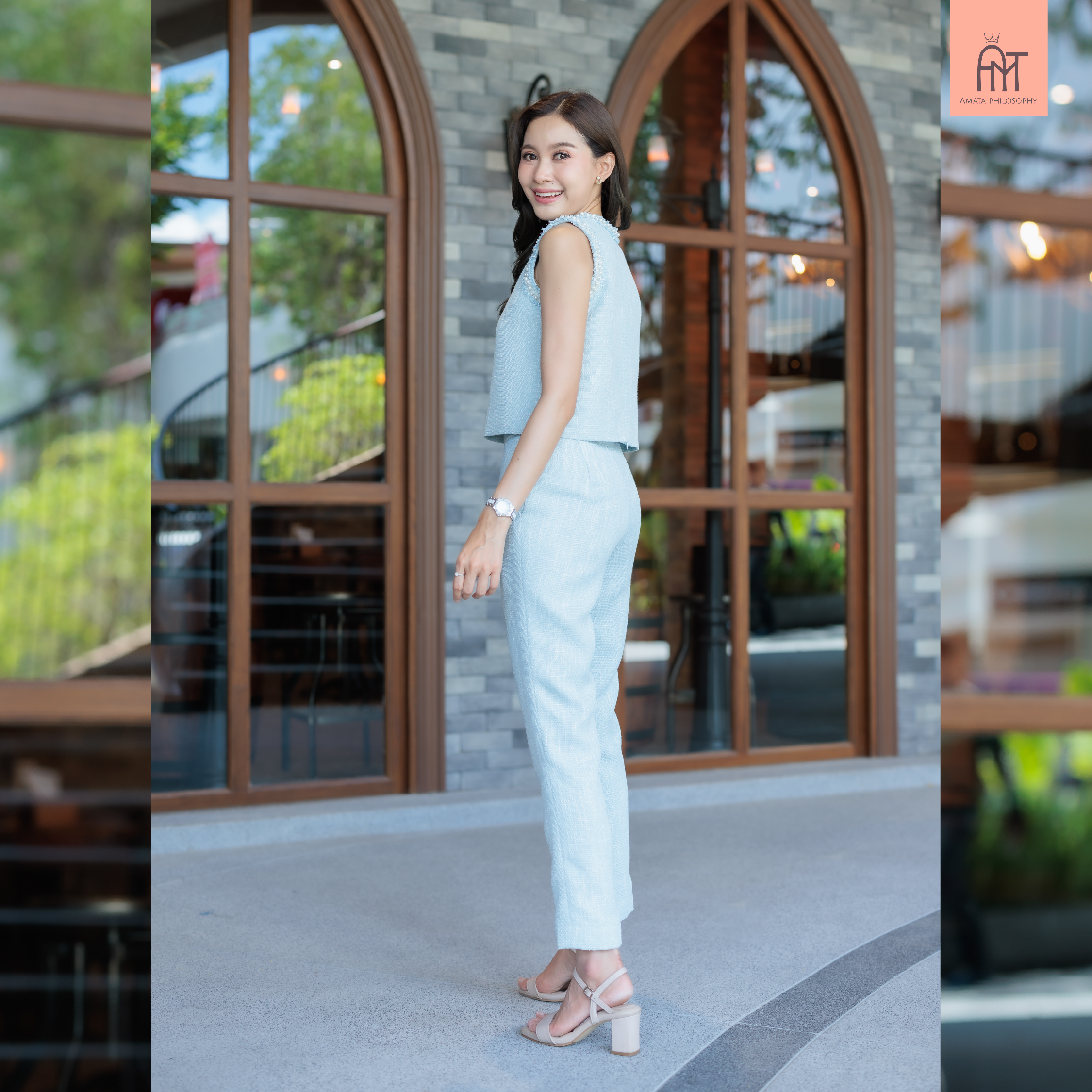 AMATA กางเกง OLIVIE สีฟ้า ครีม