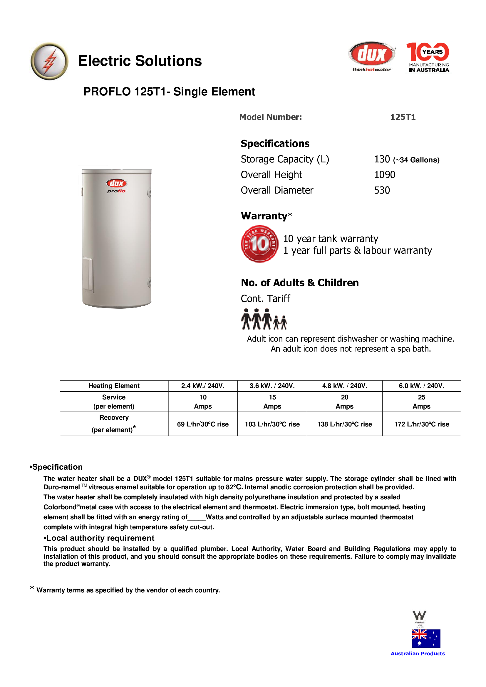 เครื่องทำน้ำร้อนDux 125T1 3.6Kw