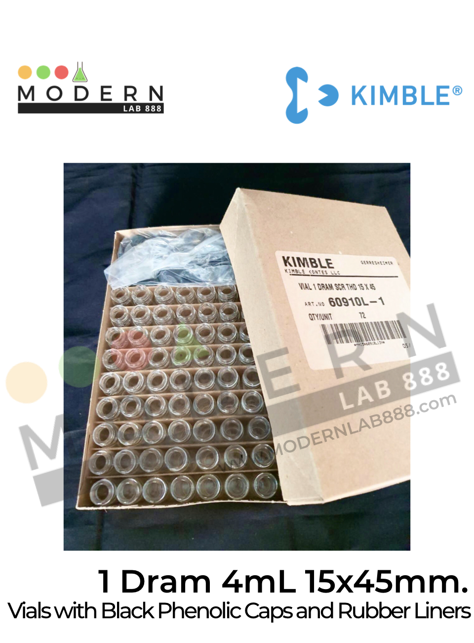 1Dram 4mL 15x45mm. ขวดVials with Black Phenolic Caps and Rubber Liners
