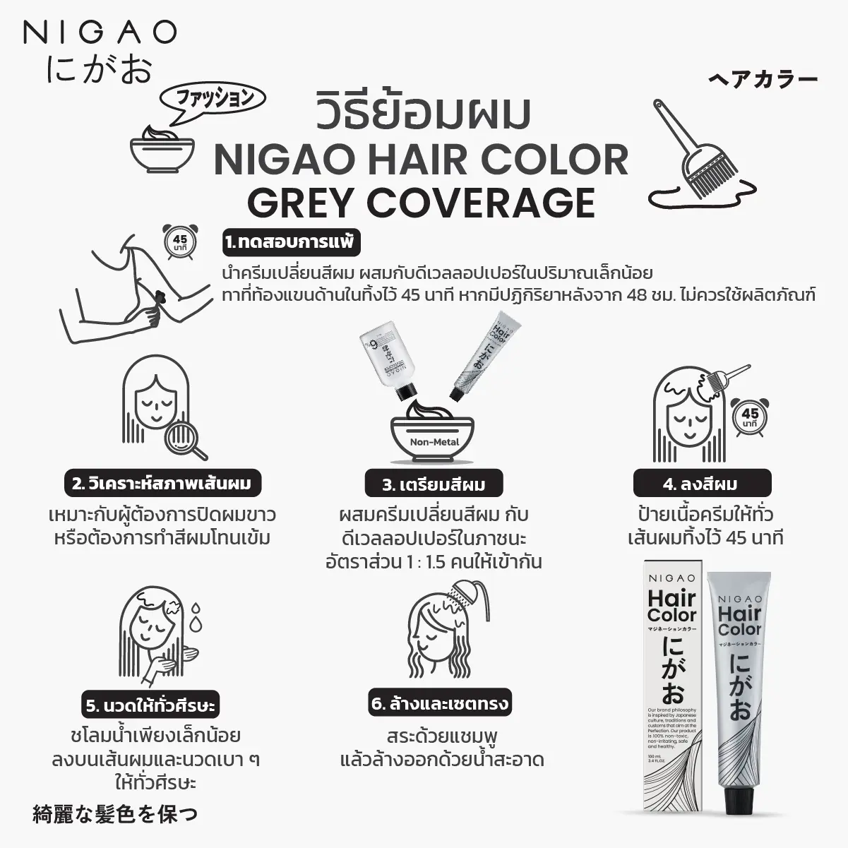 Nigao Hair Color Gray Coverage 100 ml. #S2 Dazzle Green Tea Brown นิกาโอะ ครีมย้อมผมปราศจากแอมโมเนีย S2-สีน้ำตาลกรีนที 100 มล. (ไม่แถมไฮโดรเจน)