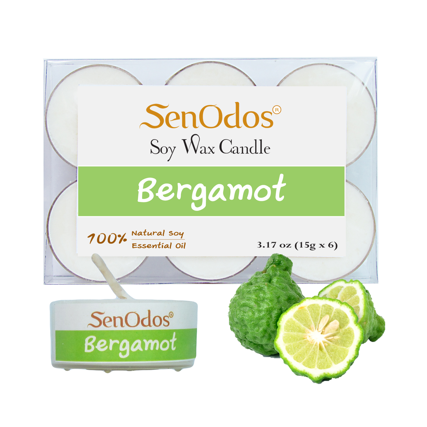 SenOdos เทียนหอม อโรม่า เทียนทีไลท์ Tealight Set Bergamot Scented Soy Candles Aroma - กลิ่นมะกรูดแท้ 15 g (6 PCS)