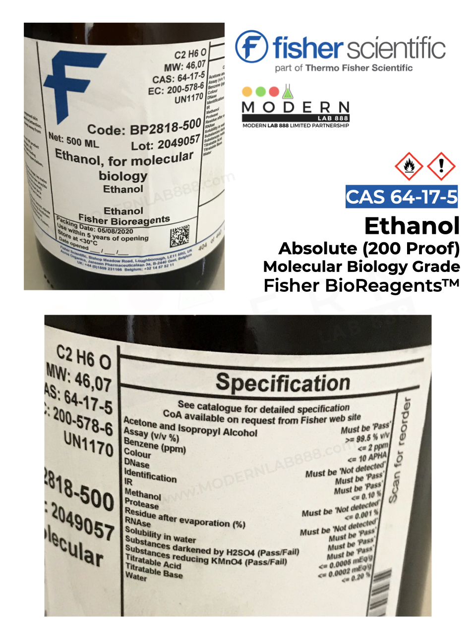 Ethanol, Absolute (200 Proof), Molecular Biology Grade, Fisher BioReagents™