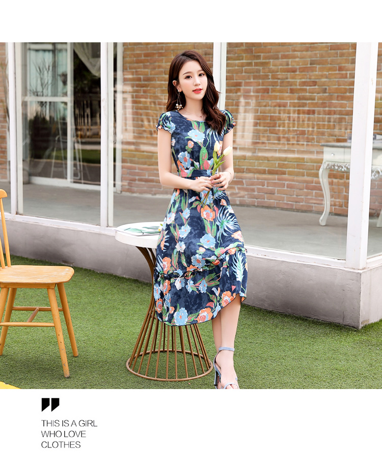 ชุดเดรสใส่ทำงาน ผ้าโพลีเอสเตอร์ผสมเนื้อดี พื้นสีน้ำเงิน พิมพ์ลายดอกไม้ ส่งฟรี ems