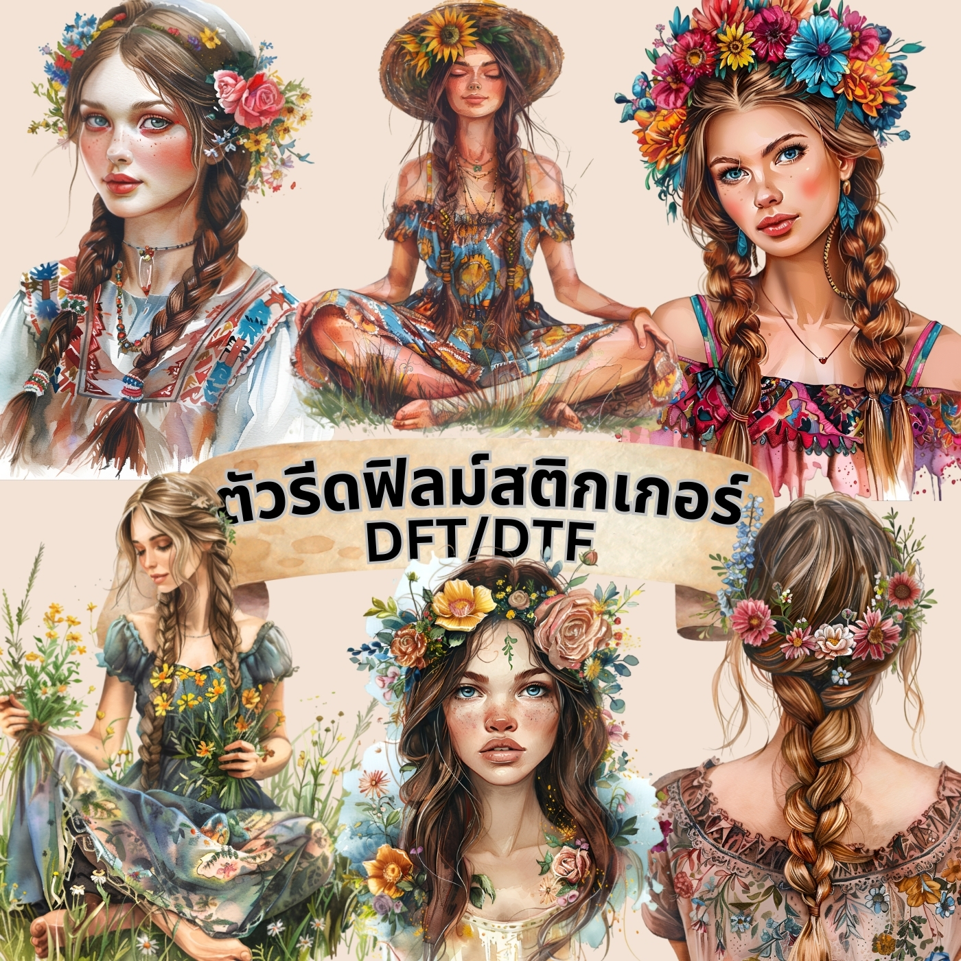 ตัวรีดติดเสื้อ สาวน้อย โบฮีเมี่ยน ฟิลม์รีดร้อน พิมพ์ลาย สกรีนลาย ฟิลม์ DFT DTF