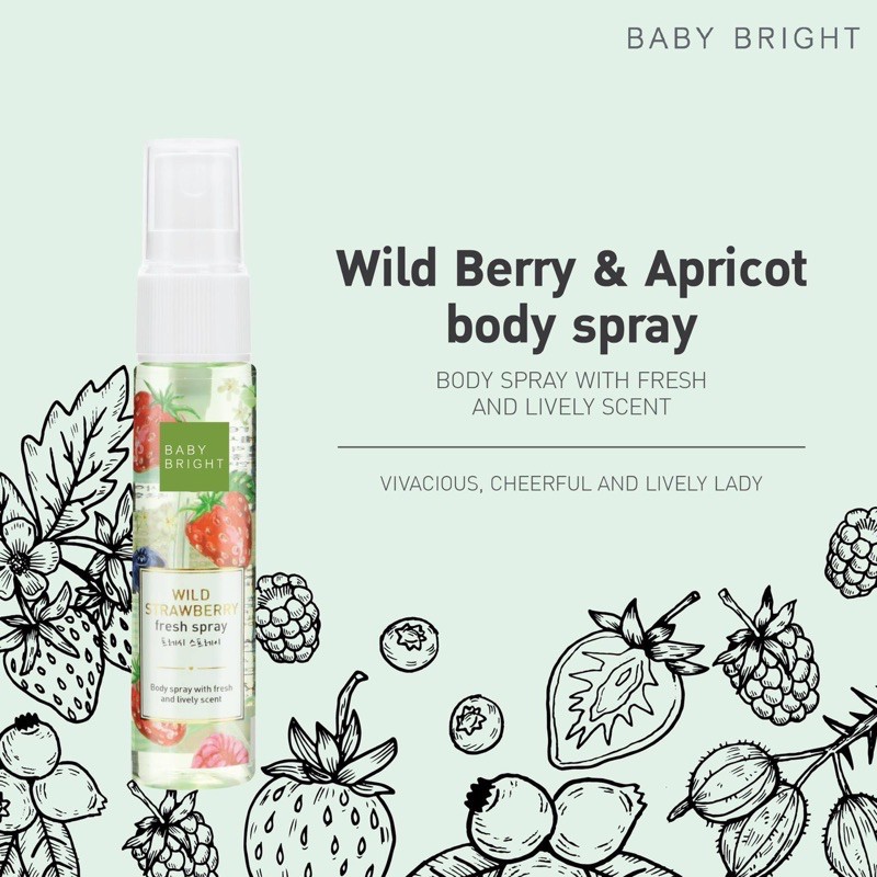 BABY BRIGHT Wild Strawberry Fresh Spray 20ML เบบี้ไบร์ท สเปรย์น้ำหอม สเปรย์บำรุงผิวกาย กลิ่นผลเบอร์รี่ป่า & แอปริคอต กลิ่นหอมสดชื่น 20 มล.