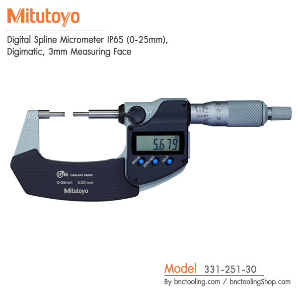 Mitutoyo,Digital Spline Micrometer IP65 (0-25mm), Digimatic, 3mm Measuring Face,331-251-30