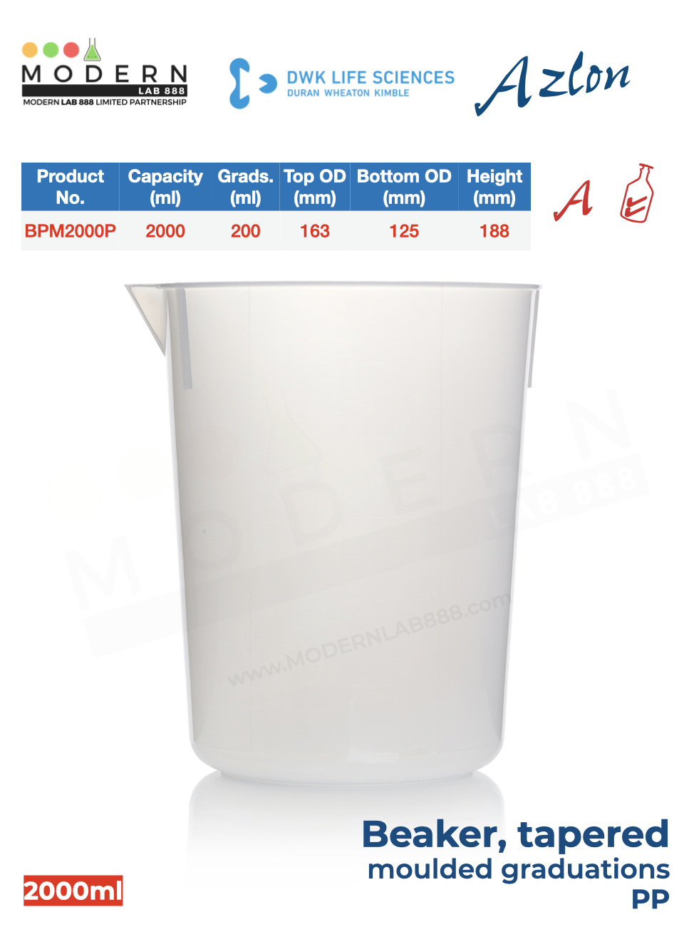 บีกเกอร์ พลาสติก PP แบบสเกลตัวนูน / Beaker, tapered, moulded graduations, PP, "AZLON"