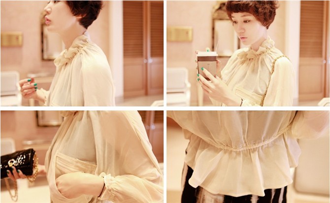 เสื้อผ้าชีฟองสีชมพูอ่อน ซิบด้านหน้า แต่งคอและปลายแขนเสื้อระบาย ส่งฟรี ems