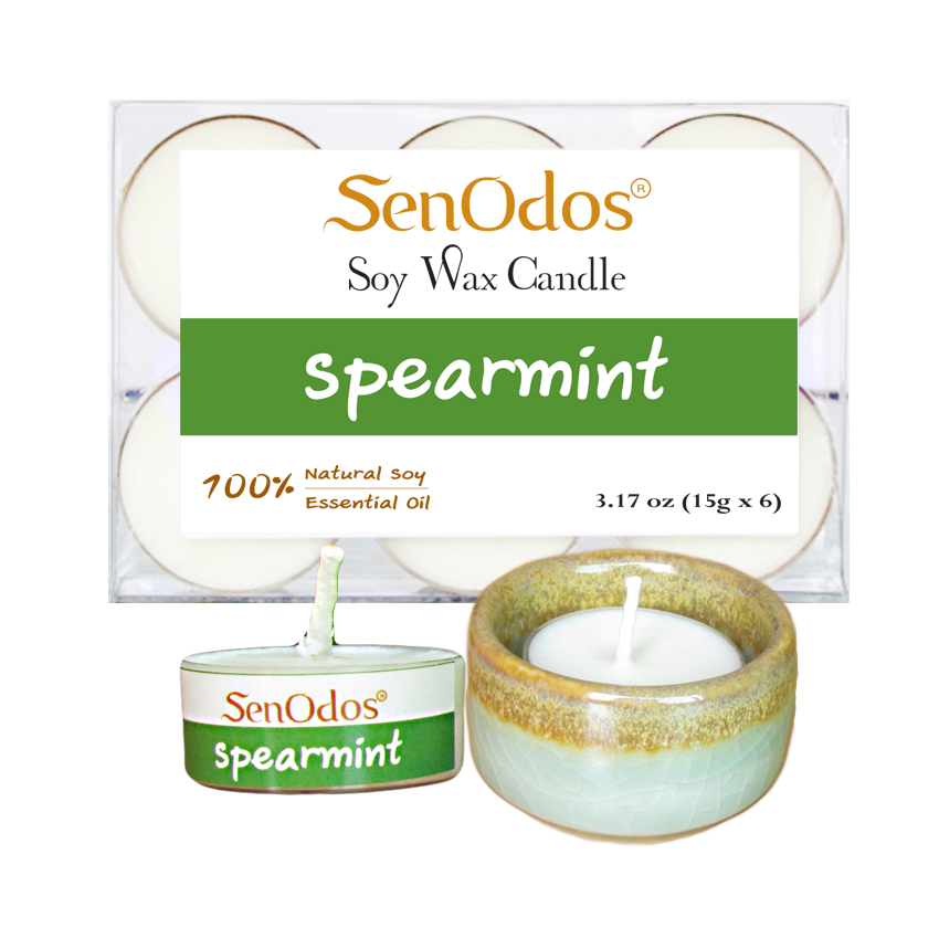 SenOdos เทียนหอม อโรม่า เทียนทีไลท์ Tealight Set Spearmint Soy Candles – กลิ่นสเปียร์มินต์ 15กรัม (1 แพ็ค) + เชิงเทียน ที่วางเทียนทีไลท์ ศิลาดล (เซลาดล) สีเขียวหยกขอบทอง