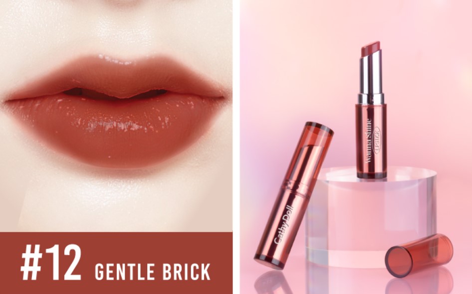 CATHY DOLL Wanna Shine Lipstick 3g. New Color #12 GENTLE BRICKL เคที่ดอลล์ วันนาไชน์ ลิปสติกเนื้อวาว บำรุงริมฝีปาก 3g. เฉดสีใหม่ สี 12 GENTLE BRICK