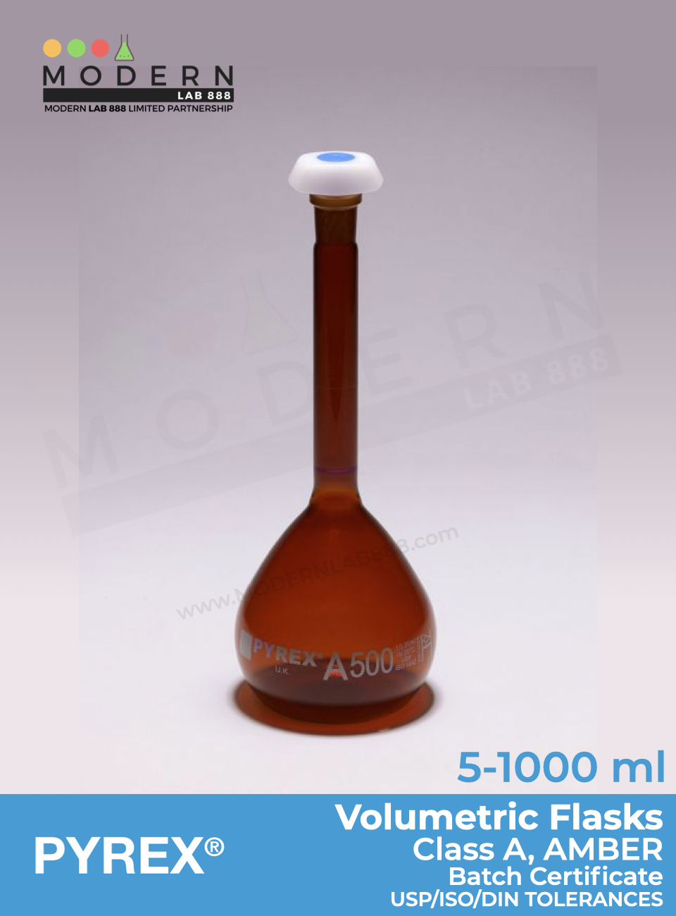ขวดวัดปริมาตรสีชา / Volumetric Flasks, Class A, Amber, PYREX