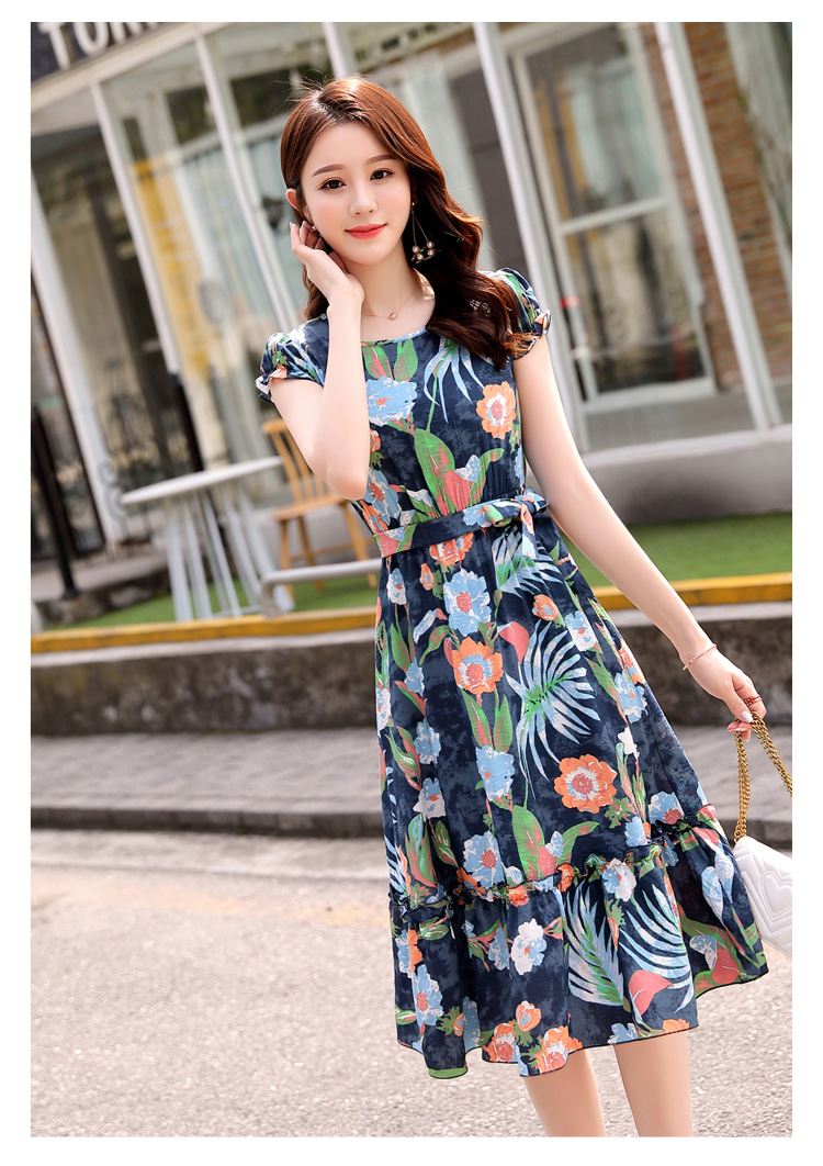 ชุดเดรสใส่ทำงาน ผ้าโพลีเอสเตอร์ผสมเนื้อดี พื้นสีน้ำเงิน พิมพ์ลายดอกไม้ ส่งฟรี ems