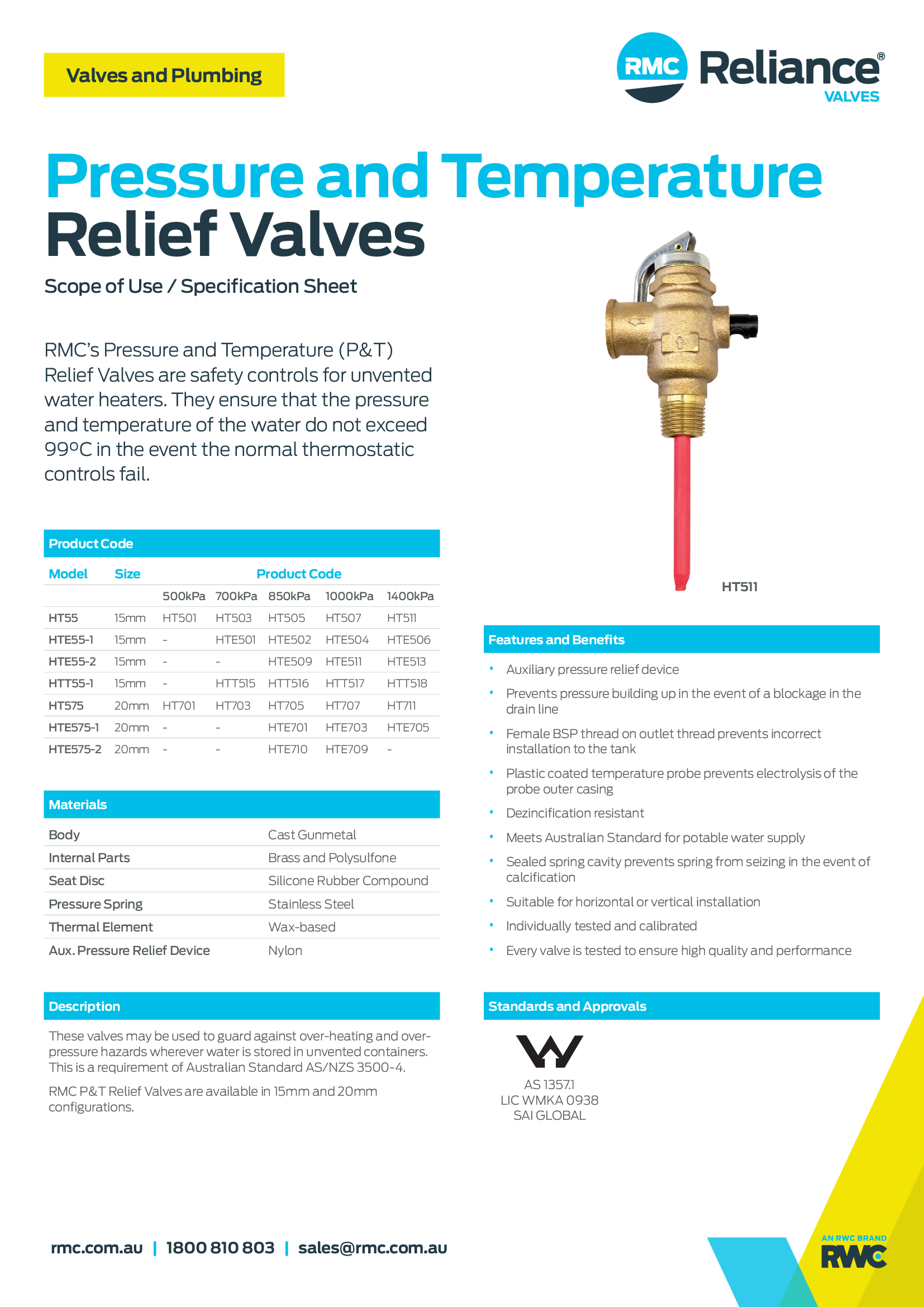 Pressure and Temperature Relief Valves 1/2" RMC HT55