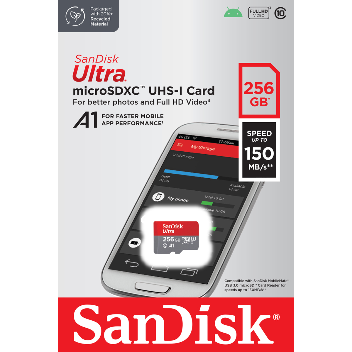 SanDisk MicroSD Card 256Gb Class10 Speed 150mb/s TFCARD ใส่โทรศัพท์ รองรับการลงแอพในเมม เล่นแอพได้เร็ว ประกัน Synnex10ปี SDSQUAC-256G-GN6MN