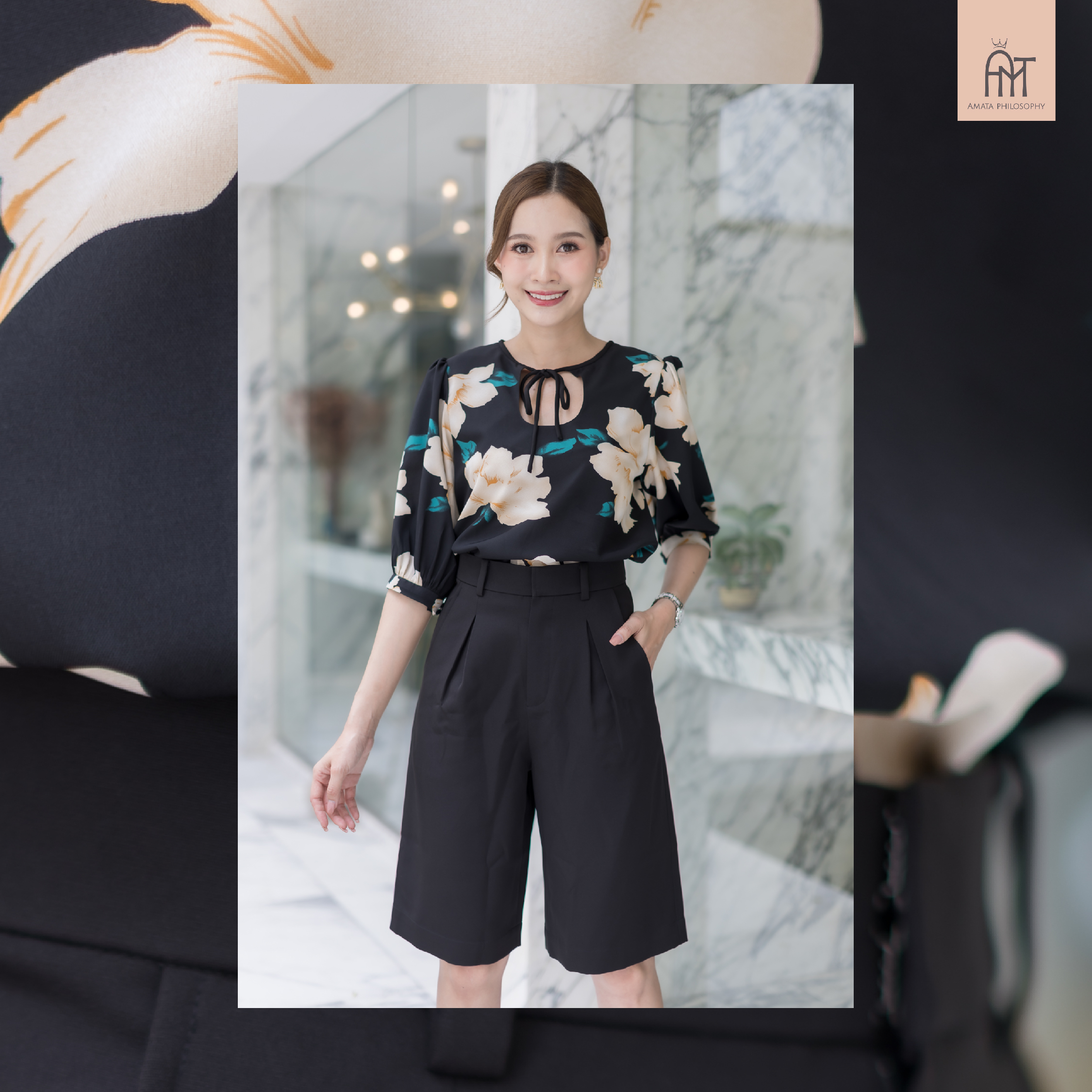 AMATA กางเกงขาสั้นเอวสูง DIRTY COFFEE สีดำ สีขาว