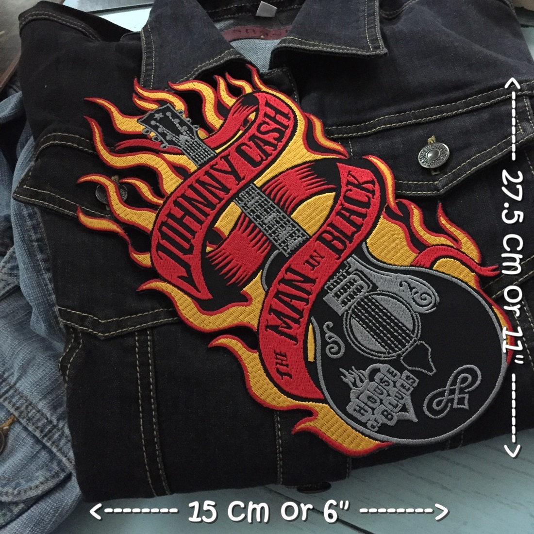 Johnny Cash กีตาร์ไฟ ตัวรีดติดเสื้อ อาร์มรีด อาร์มปัก ตกแต่งเสื้อผ้า หมวก กระเป๋า แจ๊คเก็ตยีนส์ Embroidered Iron on Patch ไซส์ใหญ่
