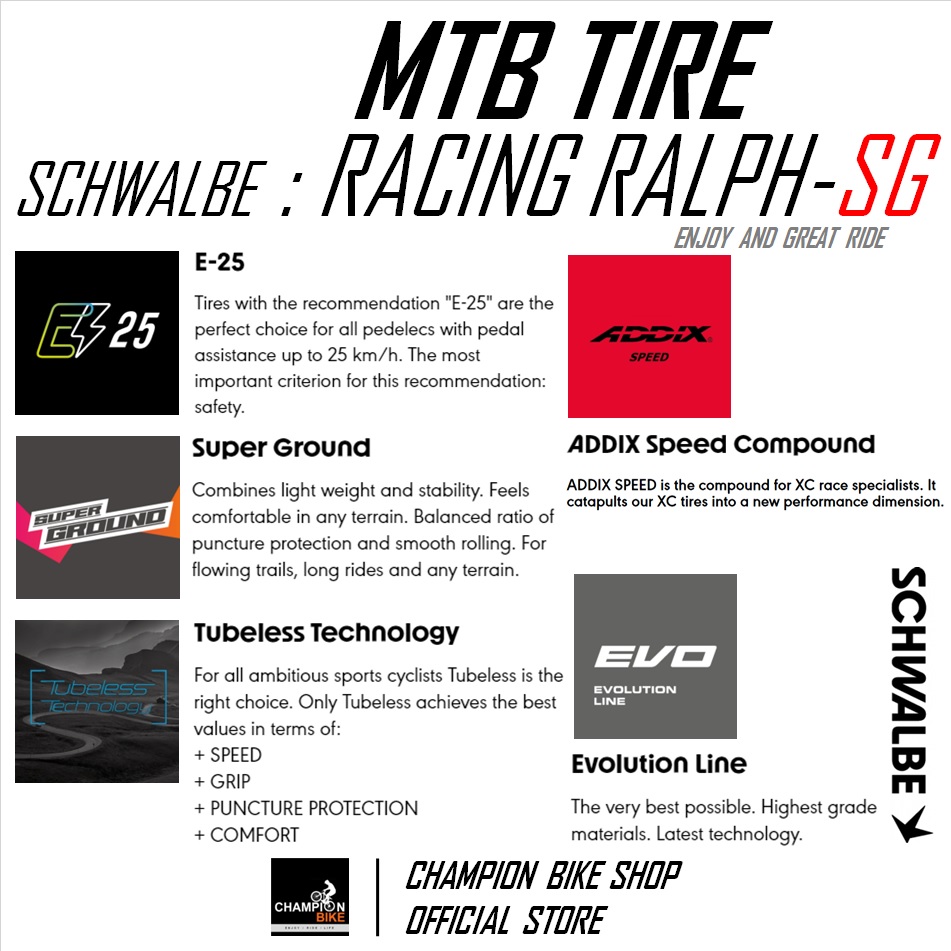 ยางเสือภูเขา29 ยางอีไบค์29 SCHWALBE : RACING RALPH-SUPER GROUND TLE 29x2.10 / 29x2.25 TUBELESS MTB TIRE / E-BIKE TIRE ขอบพับ