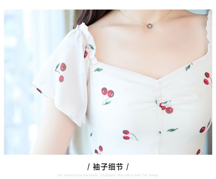 ชุดเดรสผ้าชีฟองเนื้อดี สีครีม พิมพ์ลาย cherry สีแดง น่ารักมากค่ะ ส่งฟรี ems