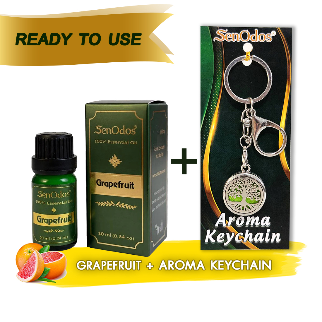 SenOdos น้ำมันหอมระเหยแท้ กลิ่นเกรปฟรุต Grapefruit Pure Essential Oils (10 ml) + น้ำหอมพกพา น้ำหอมในรถ พวงกุญแจน้ำหอม (Aroma Keychain / Car Perfume Keyring) ที่ห้อยกระเป๋า ที่ห้อยพวงกุญแจ
