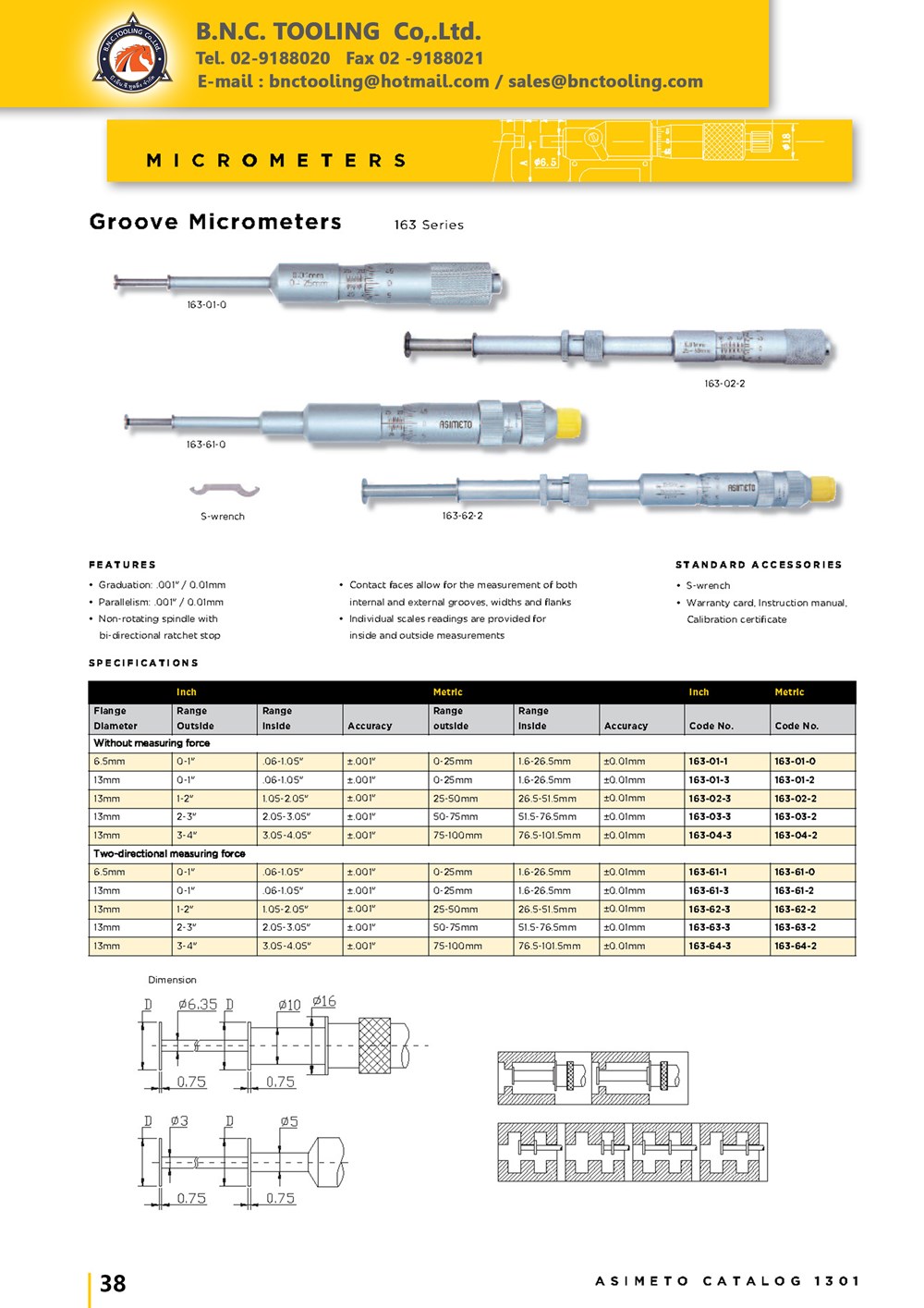 Groove Micrometers, ASIMETO,Groove Micrometers,163-01-0 ( 0-25 mm Outside)