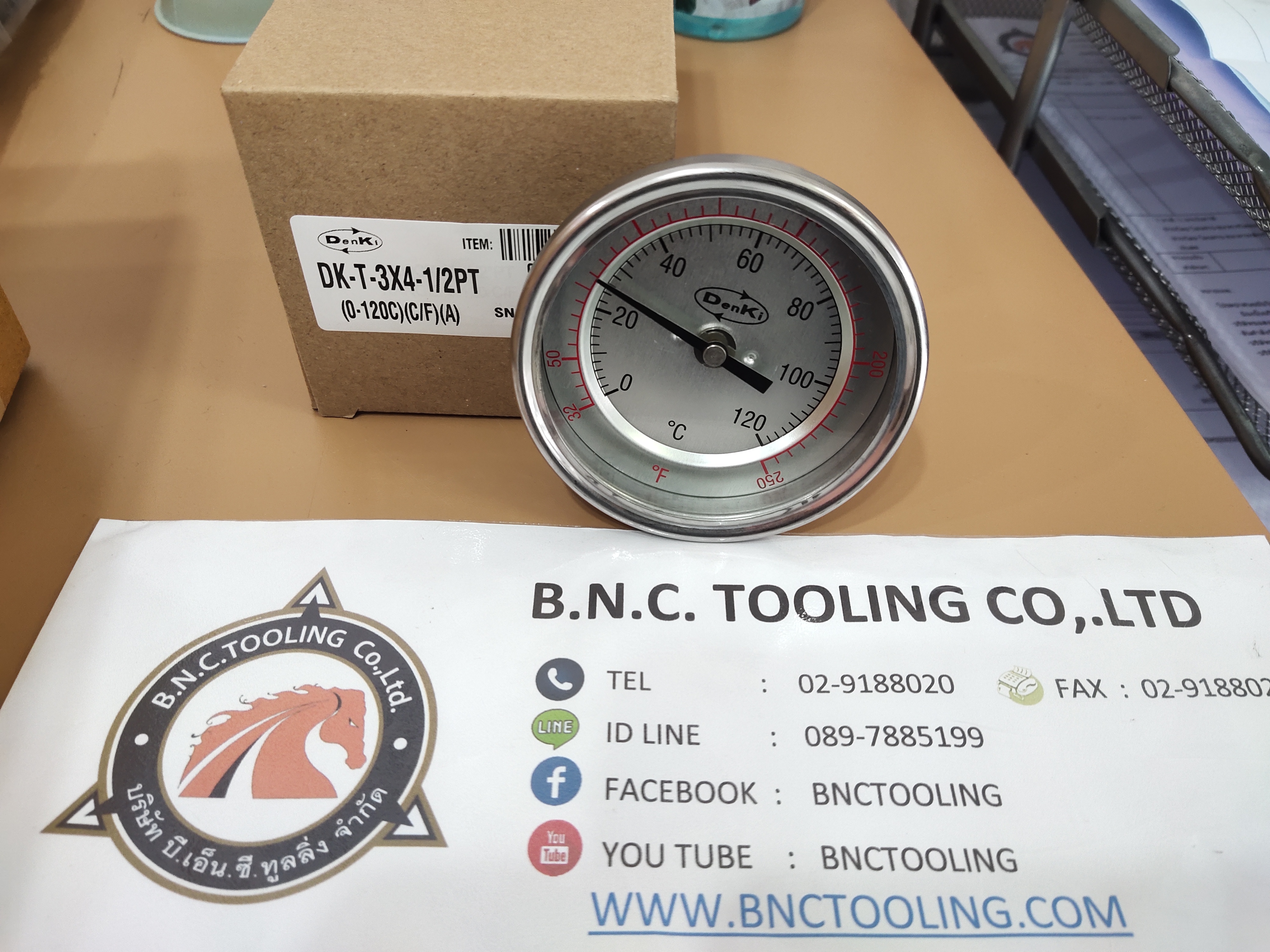 Denki,มิเตอร์วัดอุณหภูมิแบบเข็มมีก้านออกด้านหลัง,DK-T,DK-T-3x4-1/2PT (0-120C)(C/F)(A)