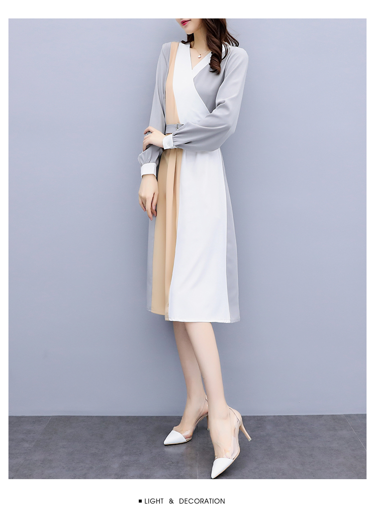 ชุดเดรสใส่ทำงาน ผ้าโพลีเอสเตอร์ผสมสีเทาแขนยาว ส่งฟรี ems